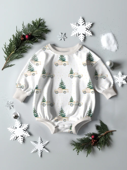 Winter Sweatshirt Romper - Christmas Tree Trucks