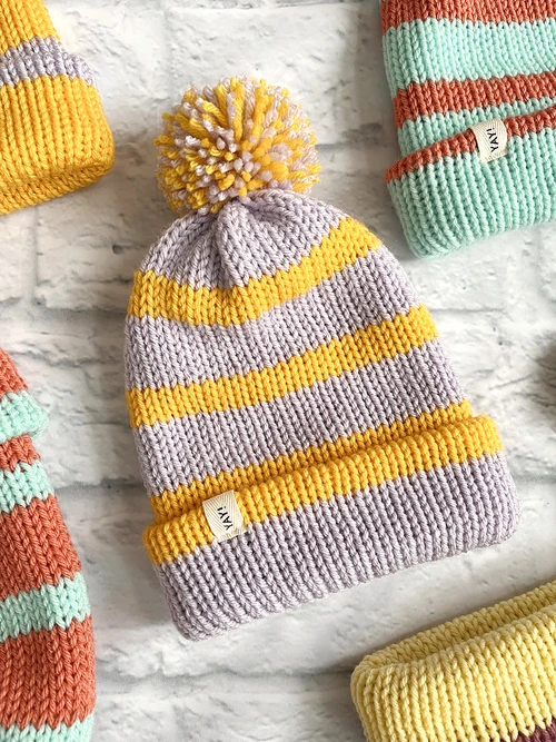 Knit Striped Toque - Lavender with Yellow Stripe