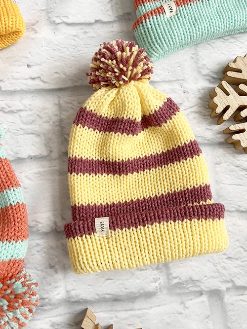 Knit Striped Toque - Butter with Plum Stripe