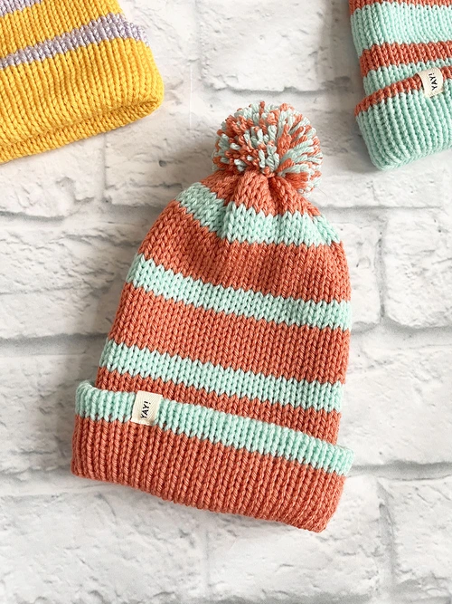 Knit Striped Toque - Coral with Aqua Stripe