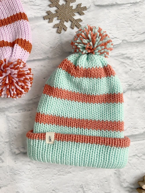 Knit Striped Toque - Aqua with Coral Stripe
