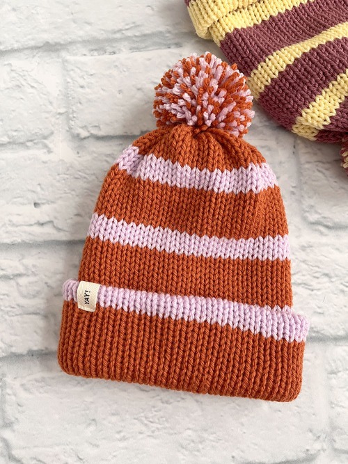 Knit Striped Toque - Rust with Lilac Stripe